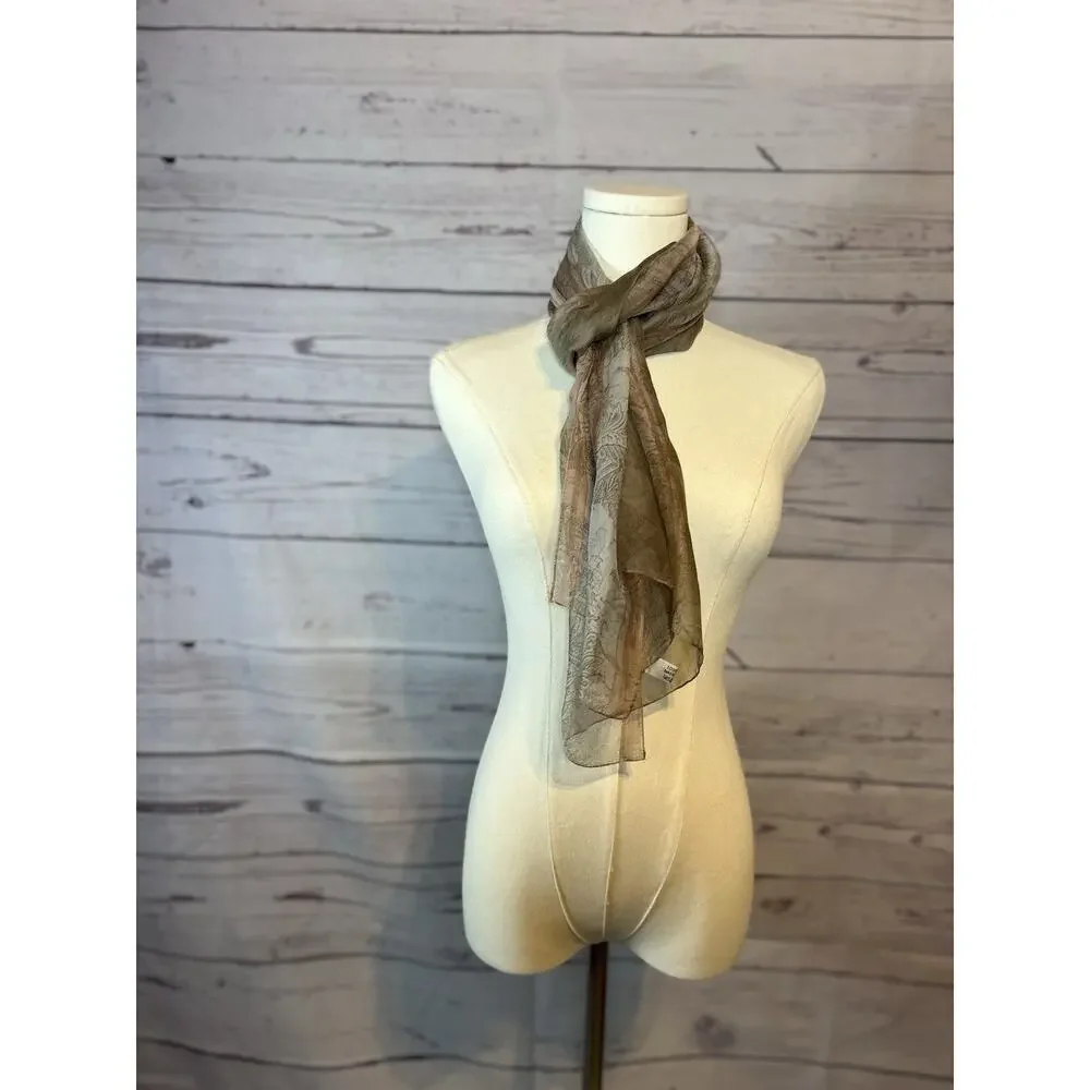 Romantic Floral Italian Silk Scarf Brown Beige Sheer 100% Silk 58x16